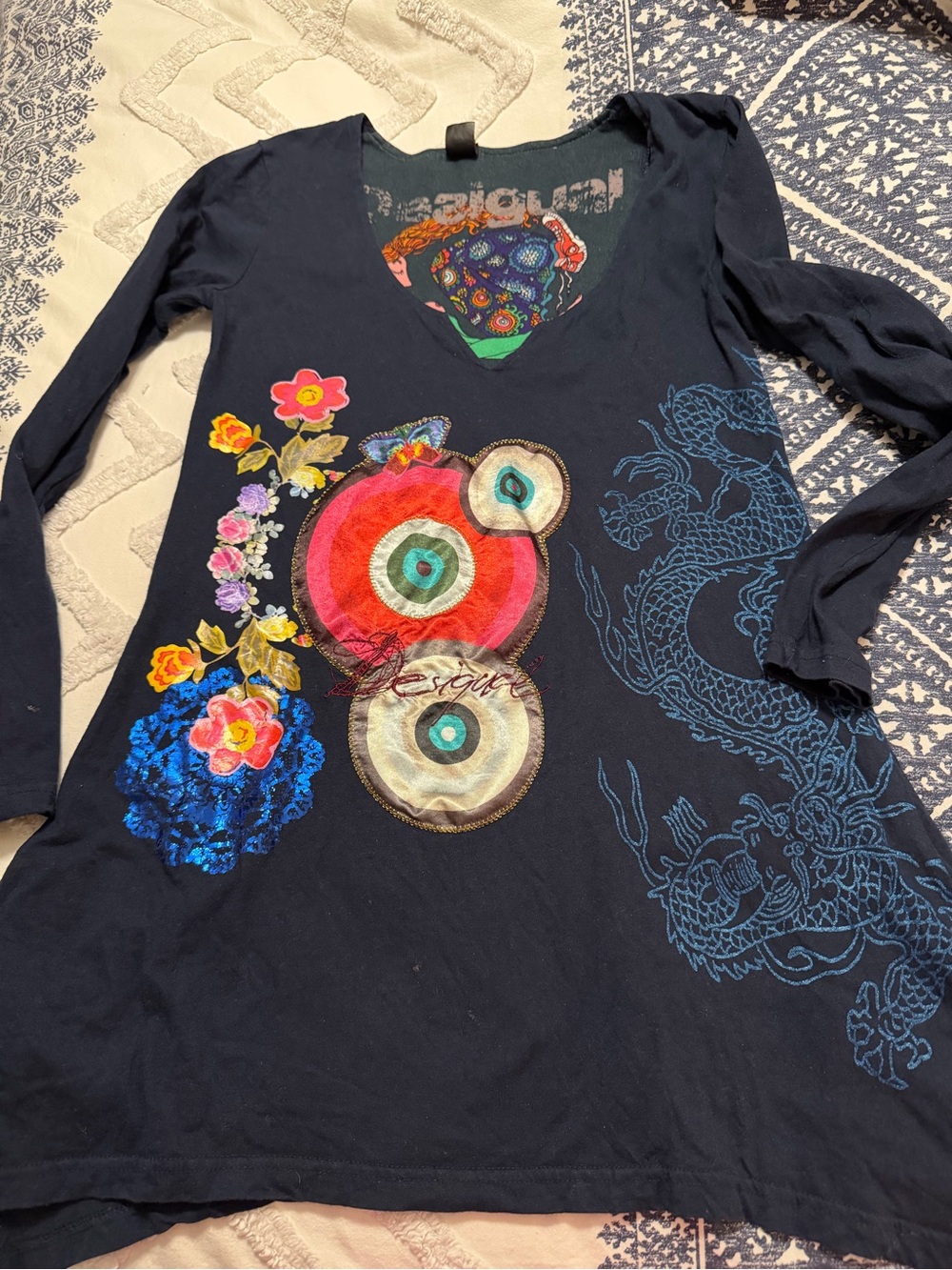 Desigual navy long sleeve bathing suit cover up with colorful psychedelic print